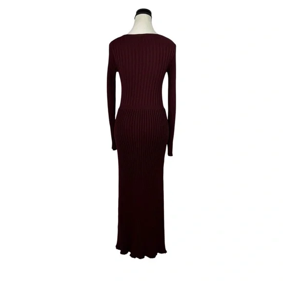 Burgundy Ribbed Knit Maxi Dress Long Sleeve Slim Fit Bodycon Elegant Evening XS - Picture 5 of 11